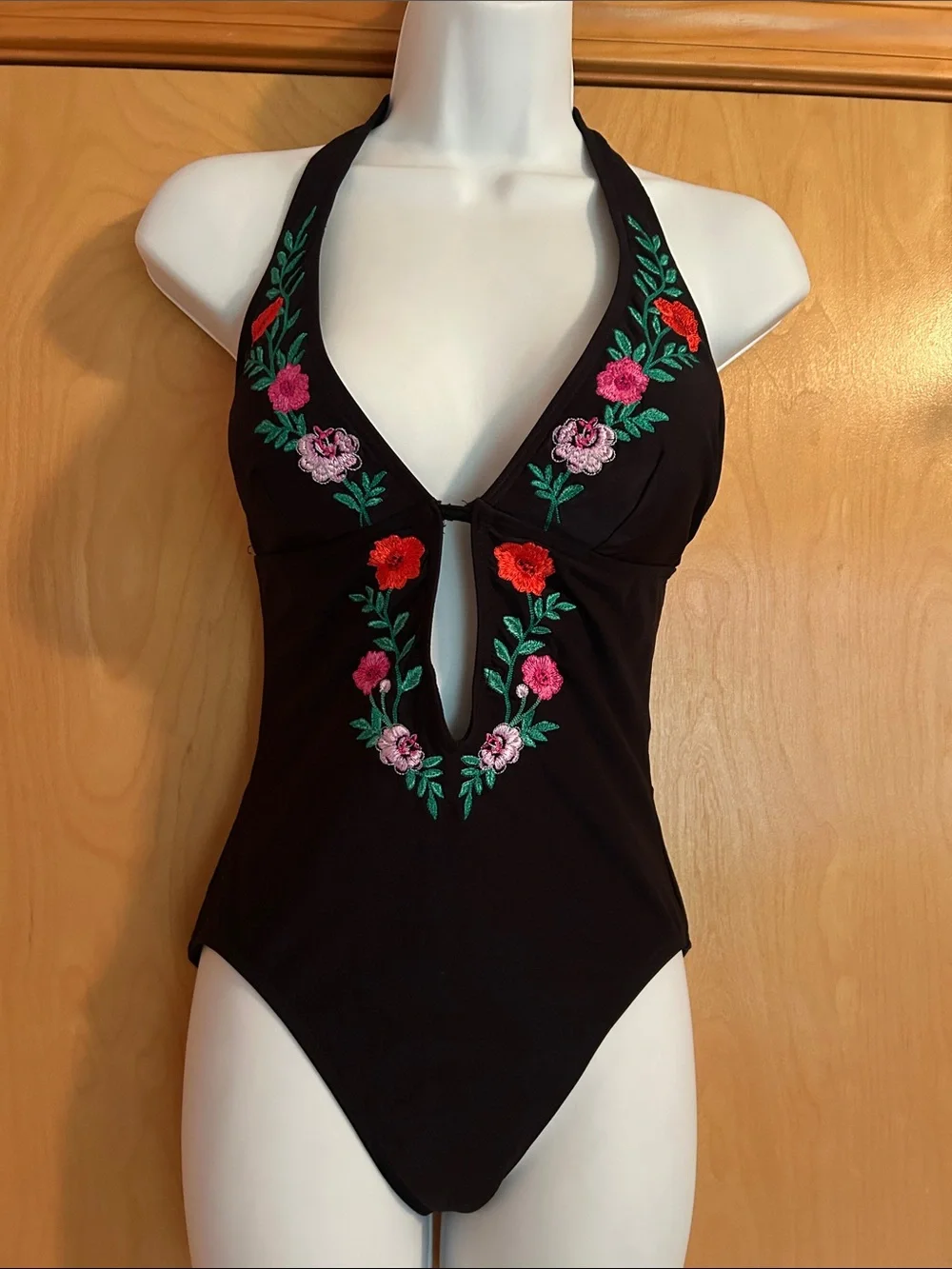 kate spade Black Halter One-Piece Swimsuit with Floral Embroidery boho